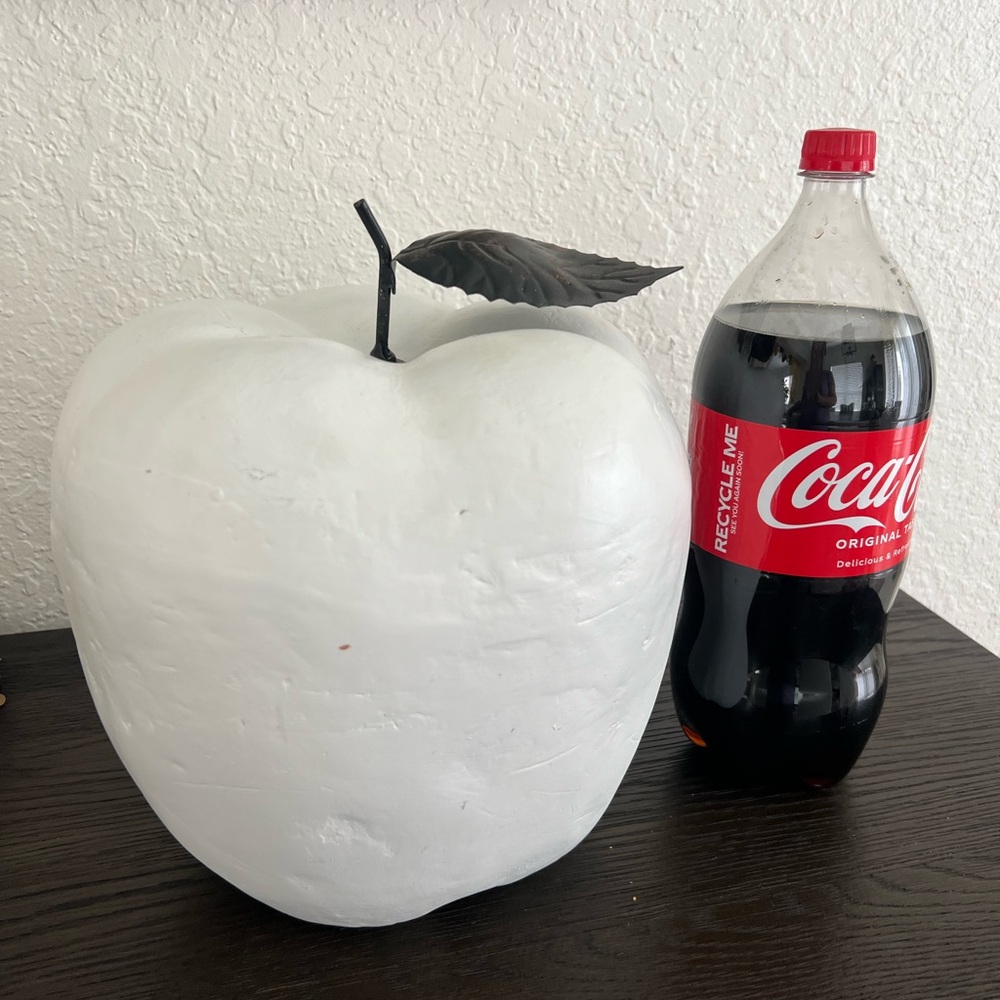 Giant White Apple Sculpture with metal stem and leaf